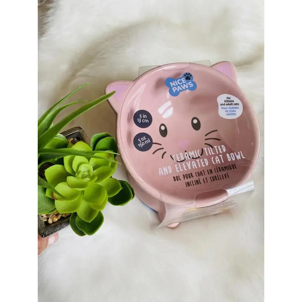 Nice Paws Pink Ceramic Tilted Elevated Cat Bowl 5 in / 13 cm